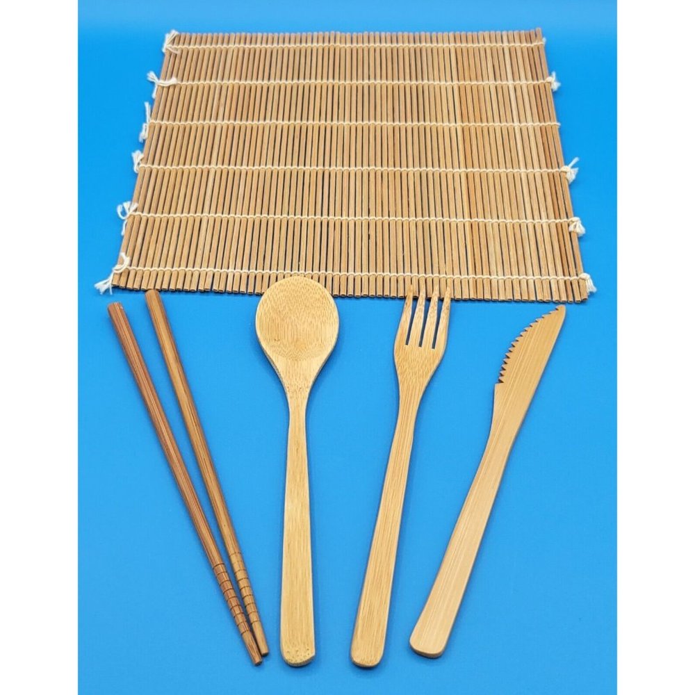 Sushi Utensil Set with Bamboo Roll-up Organizer